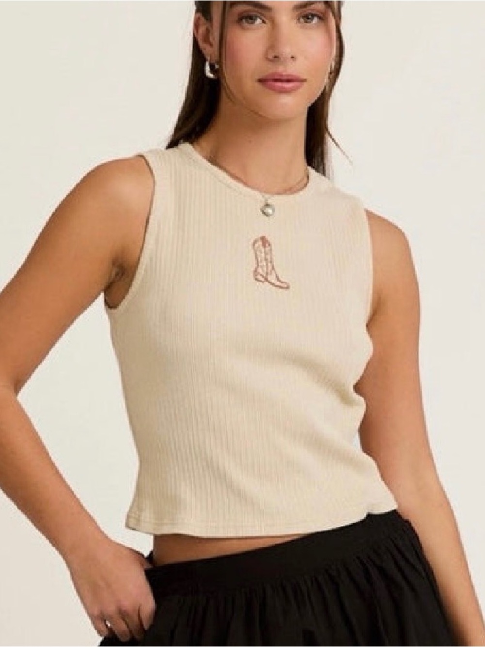 Tan Cowboy Boot Embroidered Ribbed Tank Top
